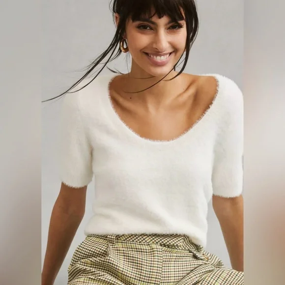 NWT Maeve Scoop Neck Eyelash Sweater Tee White size XL - Picture 1 of 9